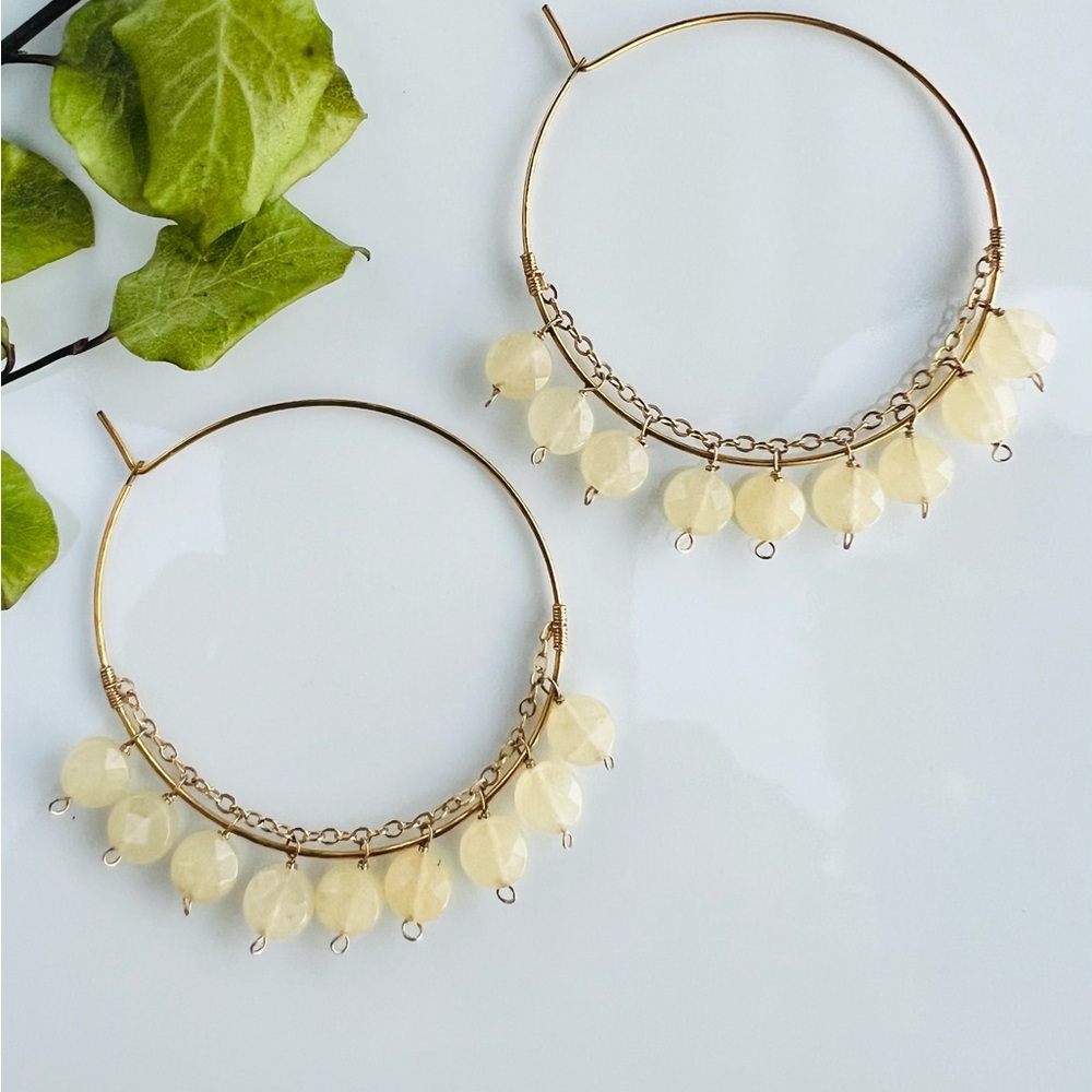 Gold Hoop Earrings with Lemon Calcite drop stones.